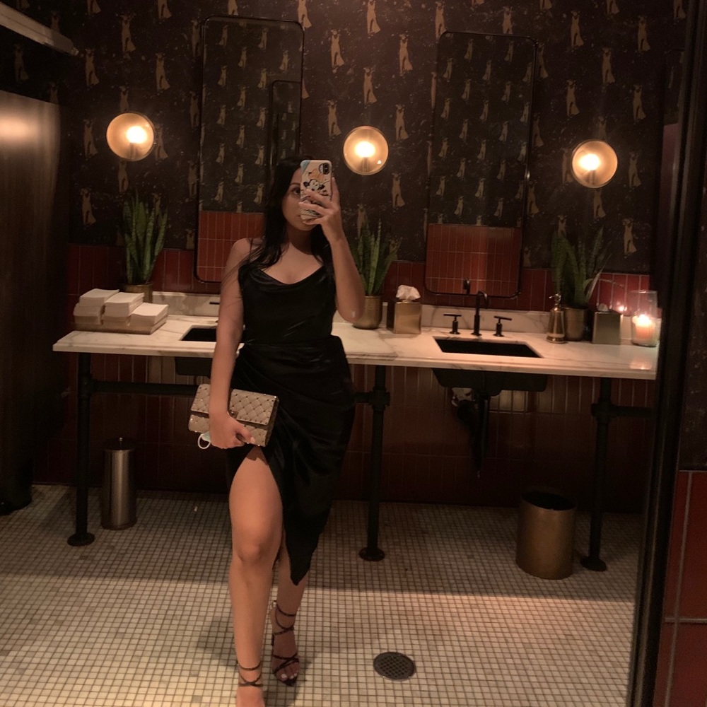 BLACK SATIN BALCONY CORSET DRESS